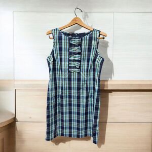 Talbots Tartan Plaid Sheath Dress Size 12 Petite Blue Sleeveless Bows Lined